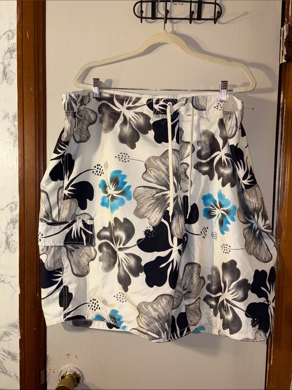 OP Men Floral Drawstring Beach Shorts / Swim Trunks - White, Black & Turquoise